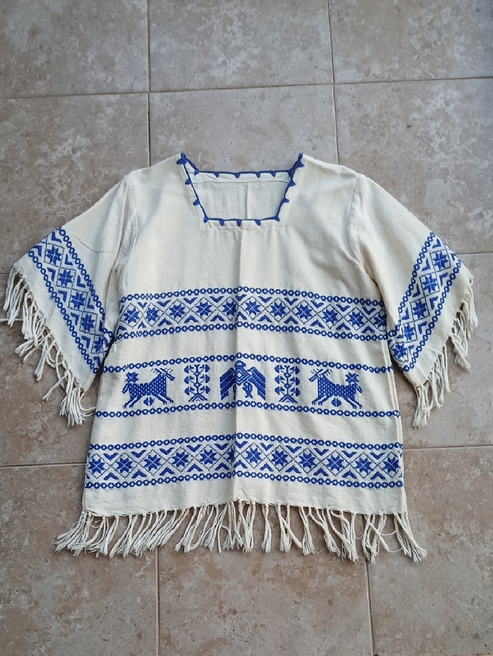 Handmade Bohemian Embroidered Fringe Blouse with Blue Folk Motif